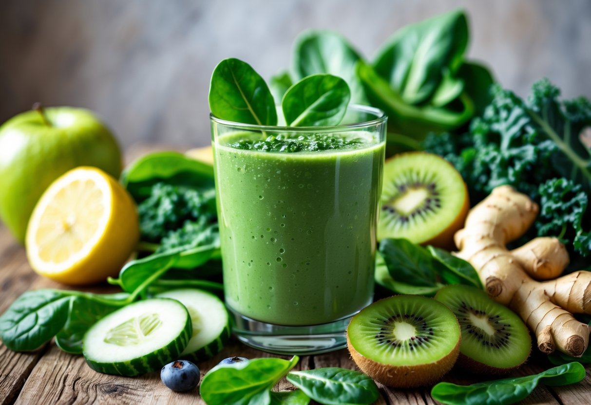 A green smoothie in a glass surrounded by fresh green fruits and vegetables on a wooden table.