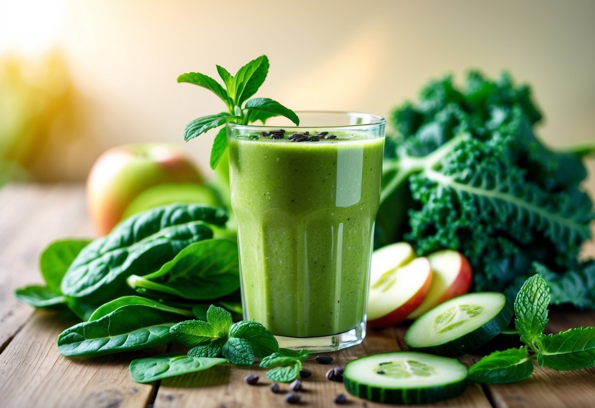 A glass of green smoothie surrounded by fresh green vegetables and fruits on a wooden table.