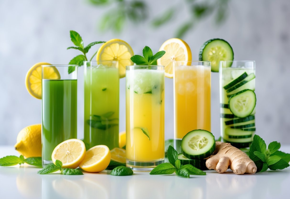 Five different slimming drinks in clear glasses surrounded by fresh ingredients like lemon, mint, ginger, cucumber, and green tea leaves on a white surface.