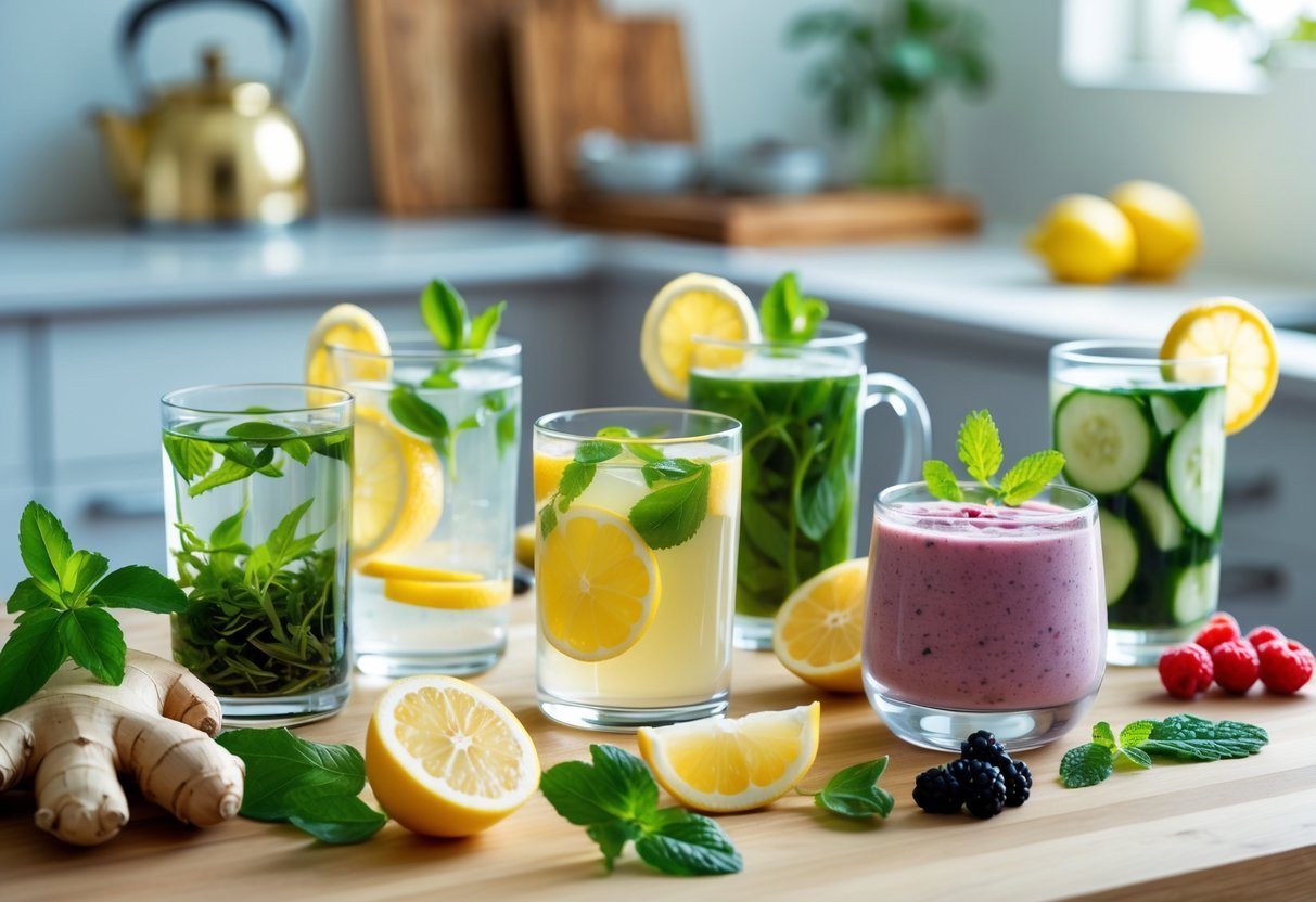 A kitchen table displaying five different healthy slimming drinks with fresh natural ingredients like lemon, ginger, mint, berries, and green tea leaves.