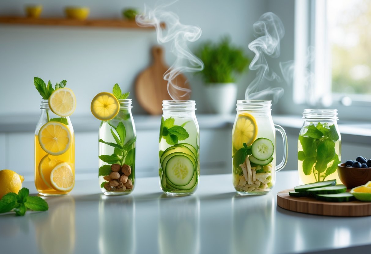 A kitchen countertop with five glass bottles and jars containing colorful slimming drinks made from fresh natural ingredients like lemon, ginger, cucumber, and mint.