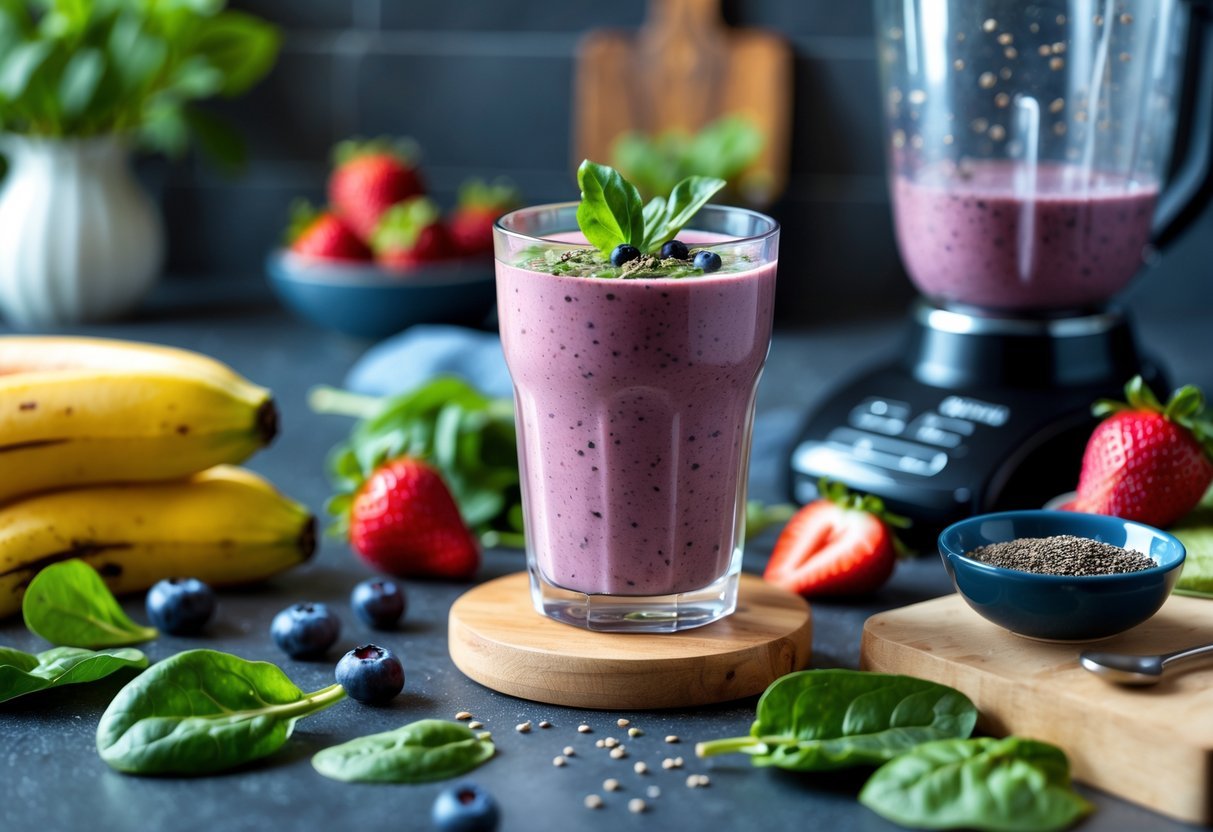 A glass of freshly blended smoothie on a kitchen countertop surrounded by fresh fruits and greens with a blender and cutting board nearby.