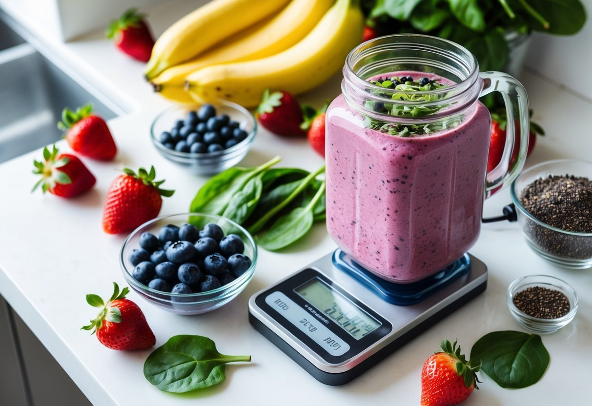 A kitchen countertop with fresh fruits, vegetables, a blender jar filled with smoothie, and measuring tools arranged neatly.