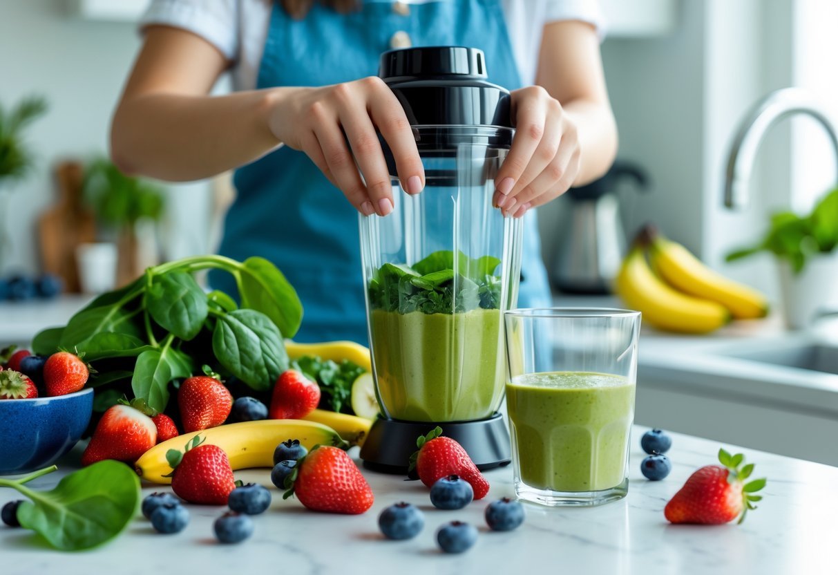 Hands preparing a smoothie with fresh fruits and greens on a kitchen countertop next to a blender and a glass of green smoothie.
