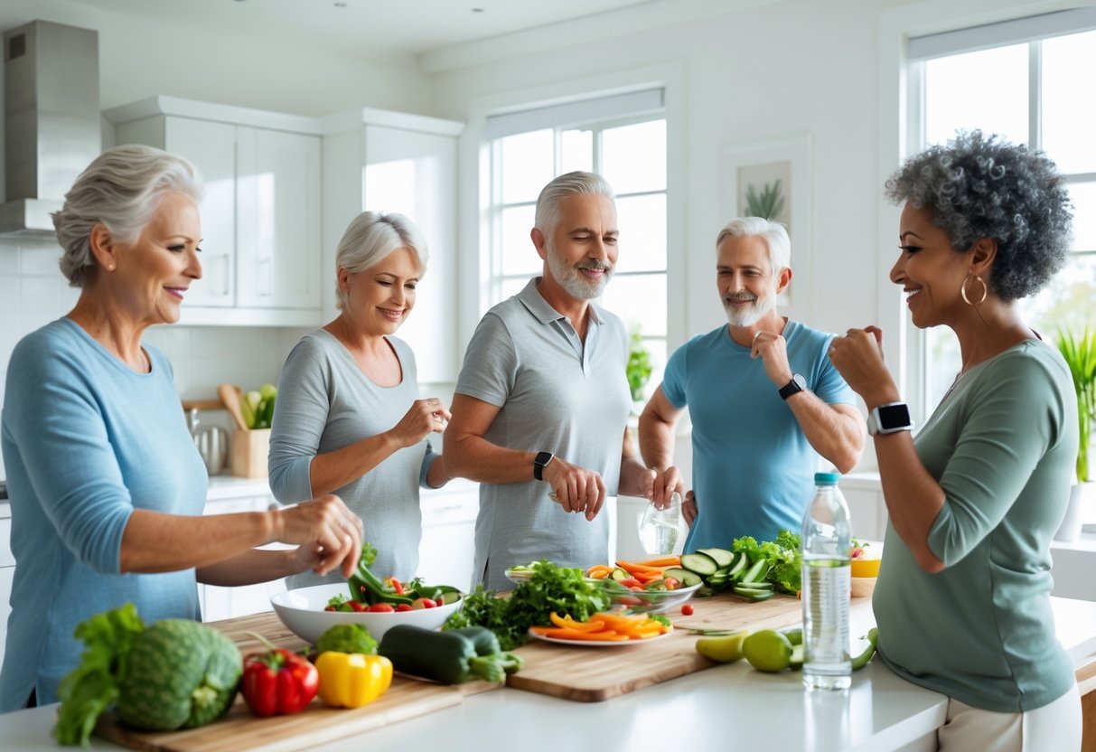 Five adults in their 40s engaged in healthy activities like cooking, stretching, drinking water, and checking a fitness tracker in a bright, modern home.