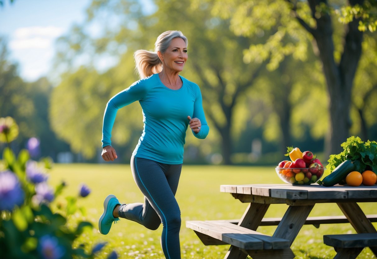 A middle-aged woman jogging outside in a sunny park with fresh fruits and vegetables on a nearby table.