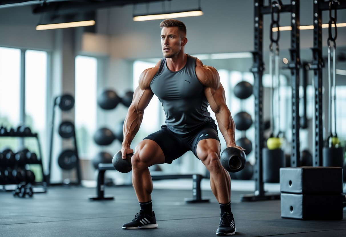 A male athlete performing an explosive power training exercise in a gym surrounded by fitness equipment.