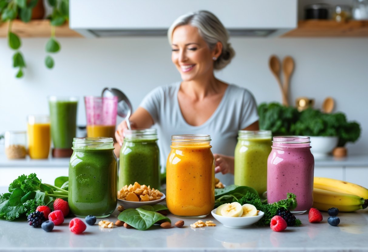 A woman over 40 preparing colorful smoothies with fresh fruits and greens on a kitchen countertop.