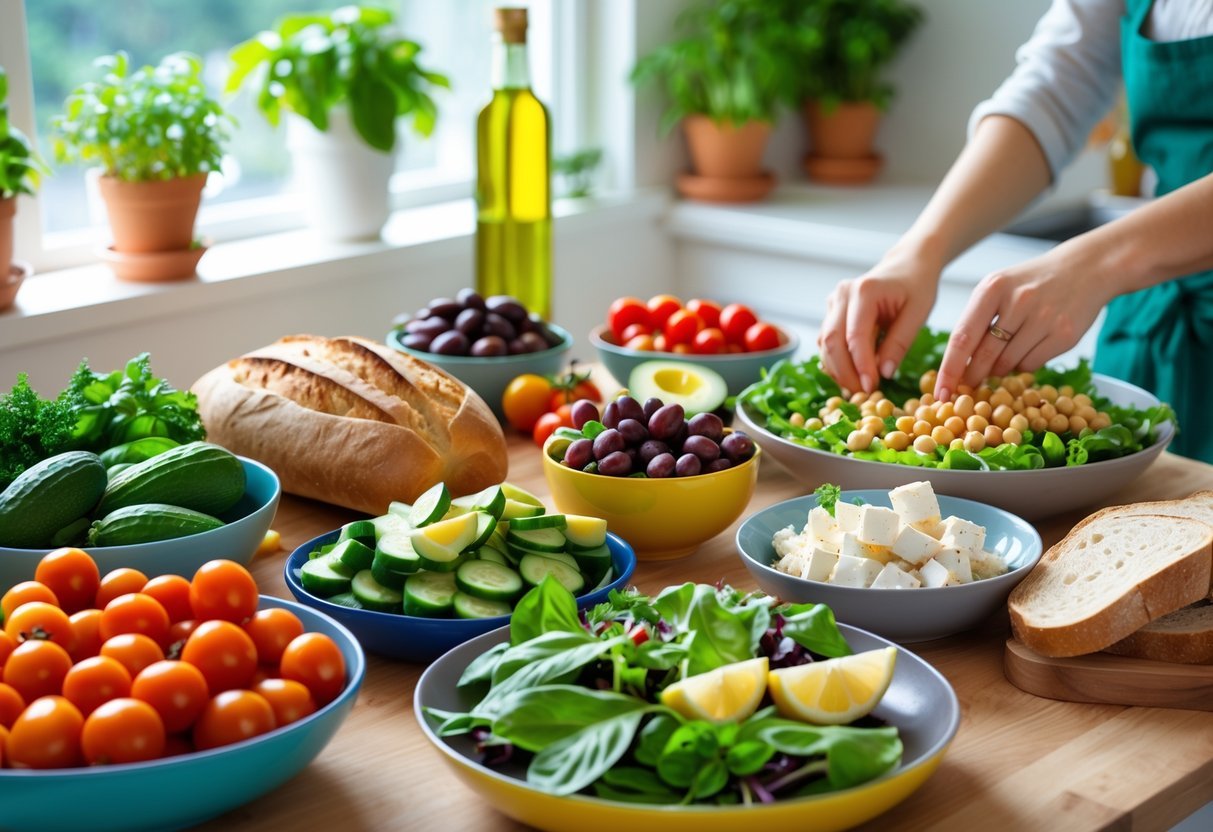 A kitchen table with fresh Mediterranean diet ingredients including tomatoes, cucumbers, olives, bread, olive oil, and a person preparing a salad.