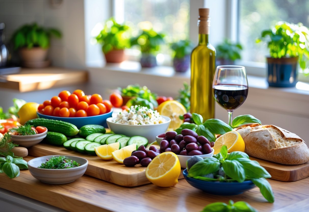 A kitchen table with fresh Mediterranean diet ingredients including tomatoes, olives, feta cheese, bread, olive oil, and fresh herbs by a sunny window.