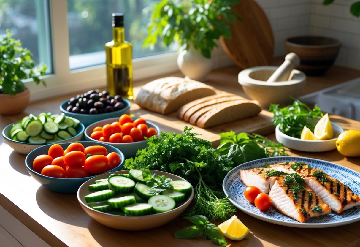 A kitchen table with fresh Mediterranean ingredients including olives, tomatoes, herbs, olive oil, lemon, grilled fish, and vegetables, bathed in natural sunlight.